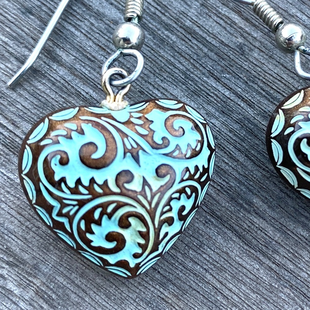 FREE PEOPLE heart shaped earrings patina sea green silver dangle drops Victorian - Picture 2 of 5